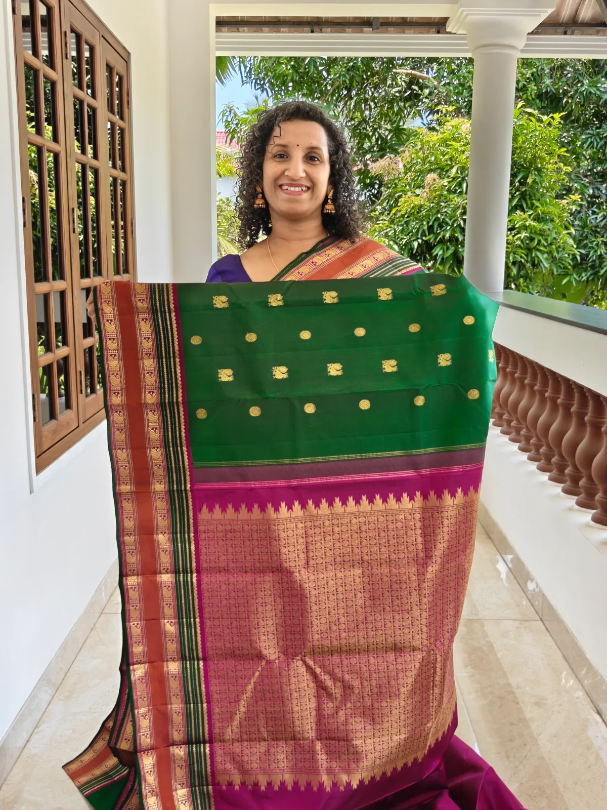 Vintage Bottle Green And Pink Kanchipuram Pure Silk Saree With Gap Border Pks027 2